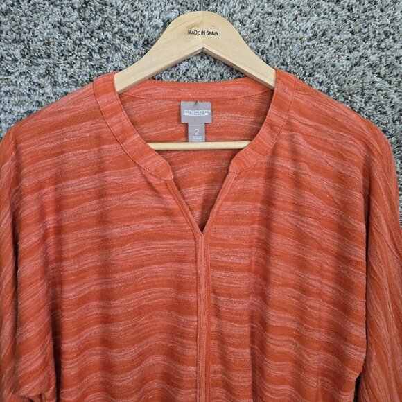 Chicos Top Womens 2 US Large Orange V Neck Textured Waist Tie Casual Ladies - Picture 6 of 7